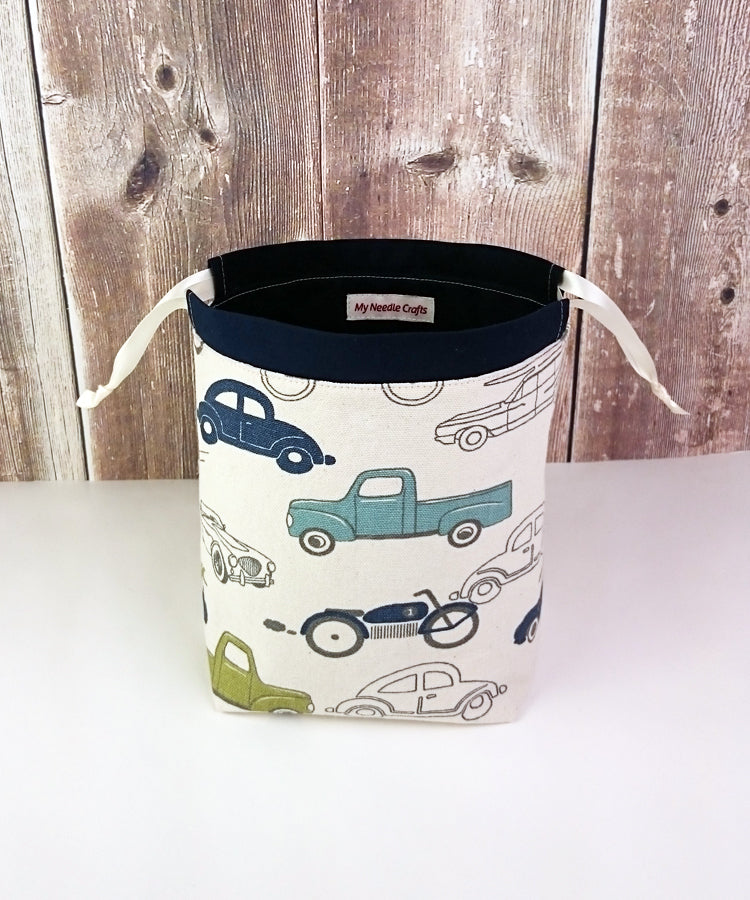 Vintage Car Print Divided Sock Size Knitting Bag