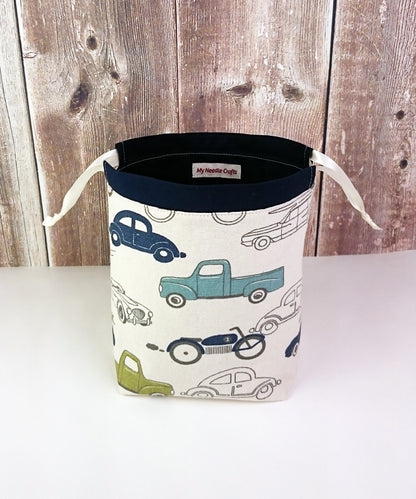 Vintage Car Print Divided Sock Size Knitting Bag
