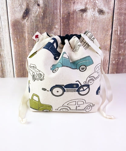 Vintage Car Print Divided Sock Size Knitting Bag