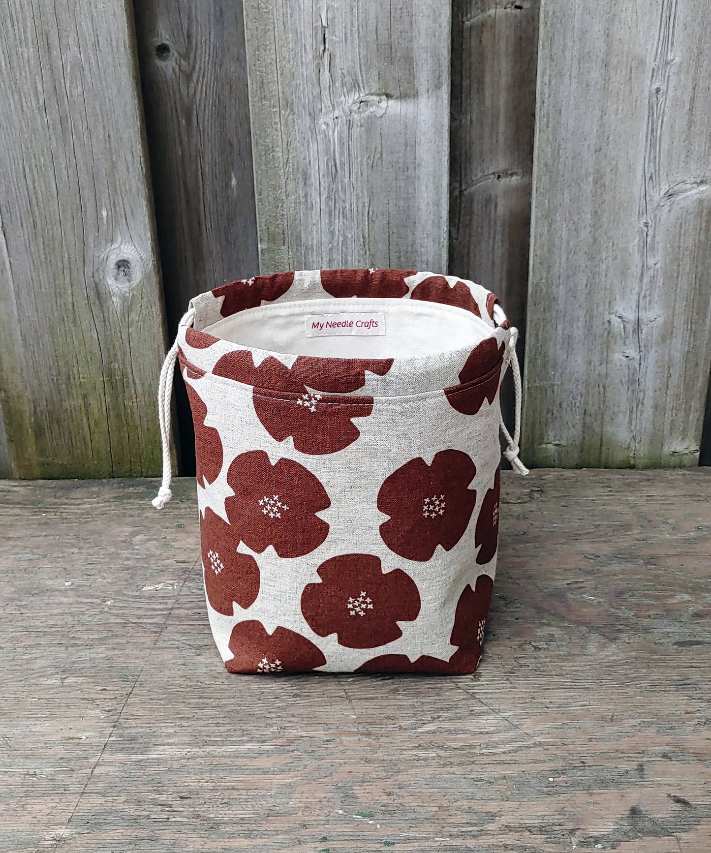 Rust Flower Print Divided Sock Size Knitting Bag