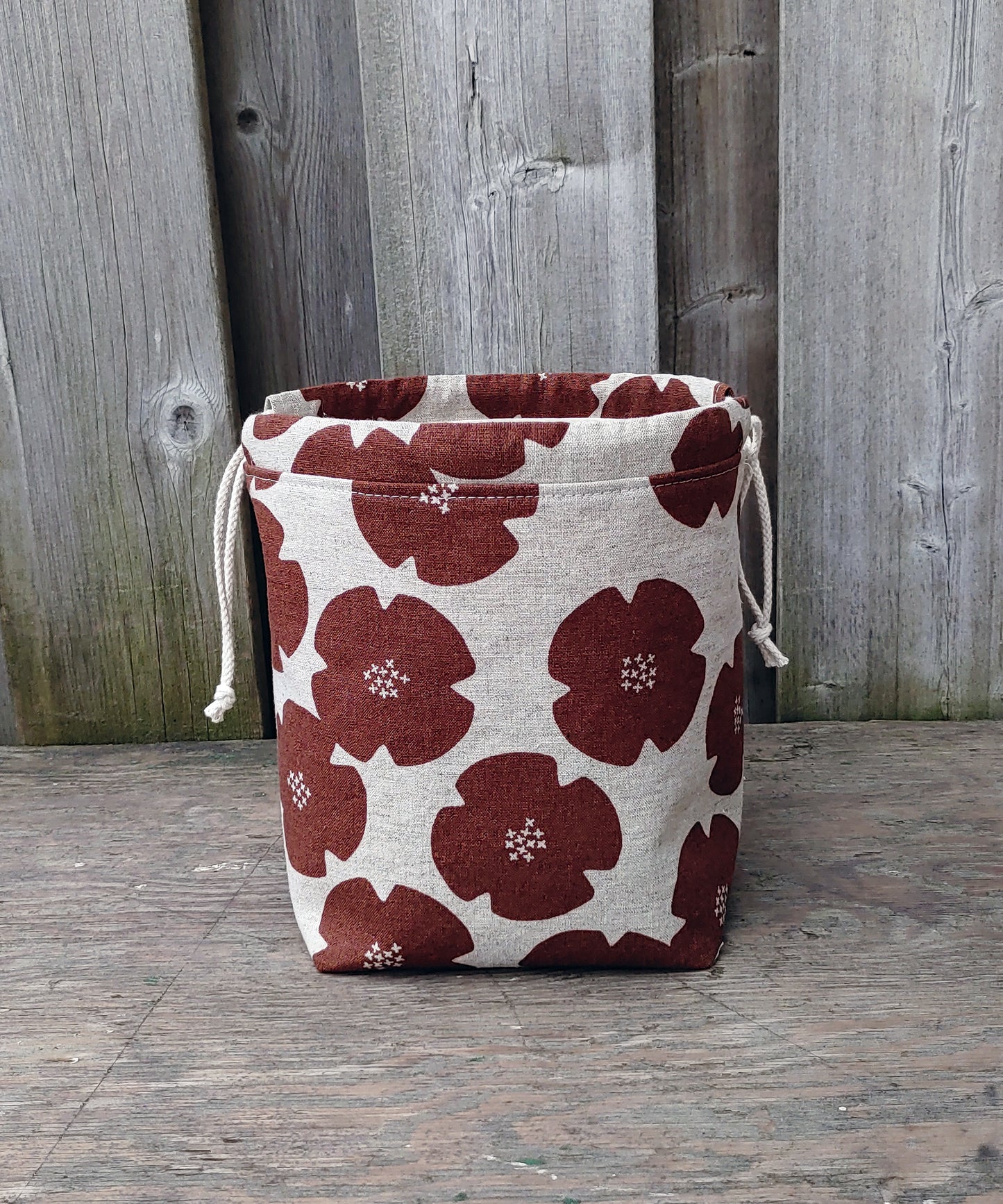 Rust Flower Print Divided Sock Size Knitting Bag