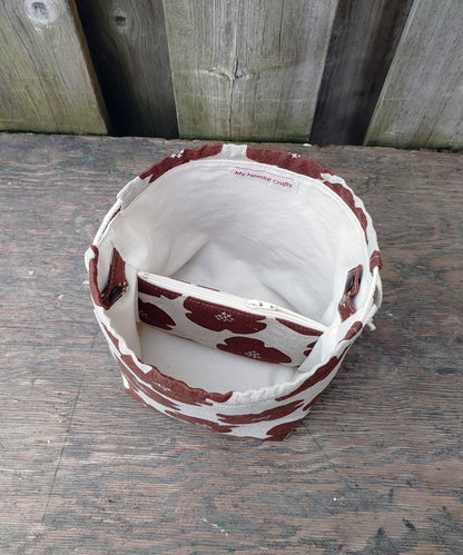 Rust Flower Print Divided Sock Size Knitting Bag