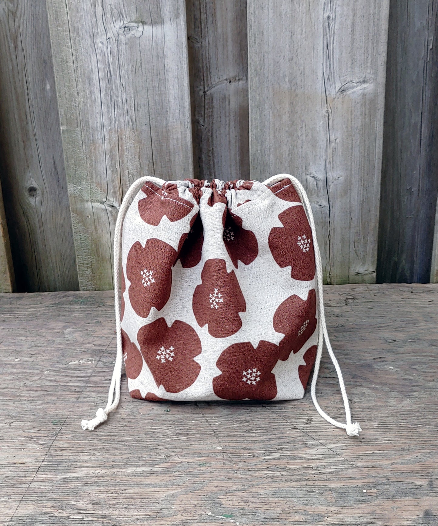 Rust Flower Print Divided Sock Size Knitting Bag