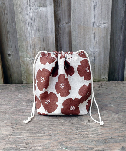 Rust Flower Print Divided Sock Size Knitting Bag