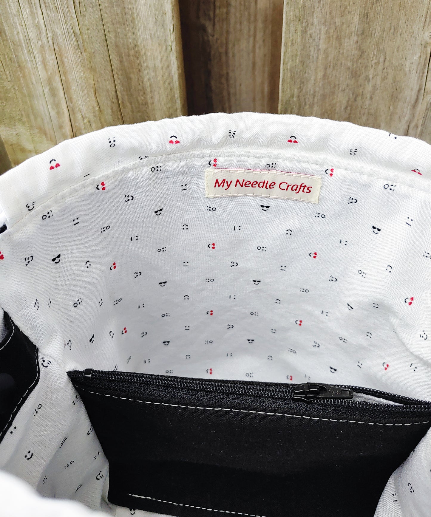 Black Emoji Print Divided Sock Size Knitting Bag