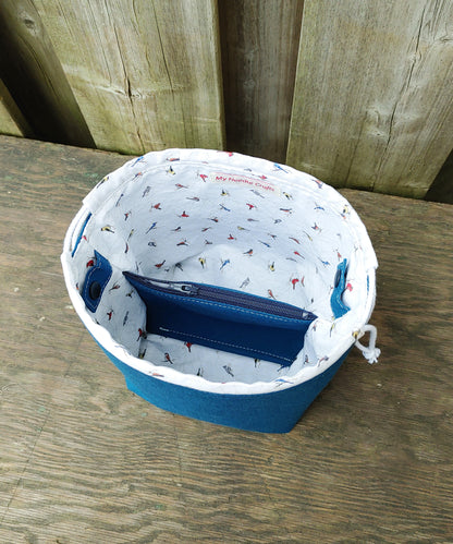 Blue with Birds Print Divided Sock Size Knitting Bag