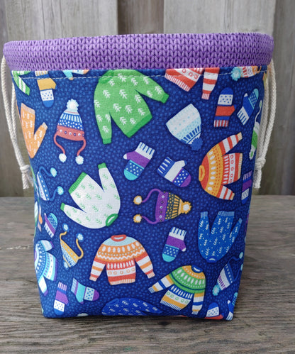 Sweater Weather (Purple) Print Divided Sock Size Knitting Bag