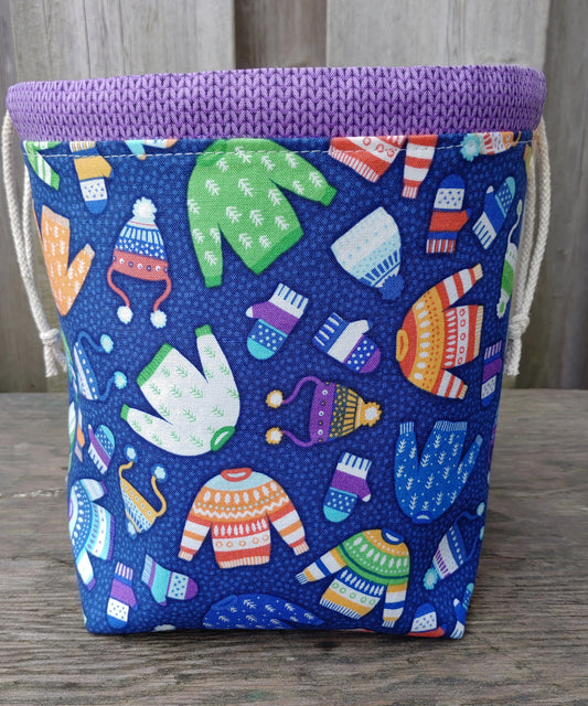 Sweater Weather (Purple) Print Divided Sock Size Knitting Bag