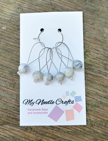 Knitting Stitch Markers with semi precious Mother of Pearl grey beads - Set of 6