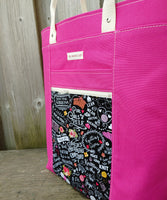 Firefly Tote in Hot Pink with knitting theme print